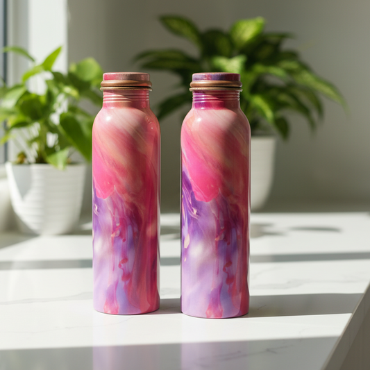 Two marbled pink and purple bottles on a windowsill with plants in the background.