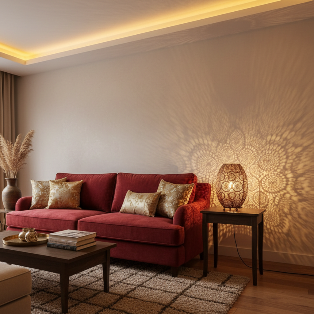 Living room with a red sofa, coffee table, and decorative lamp.
