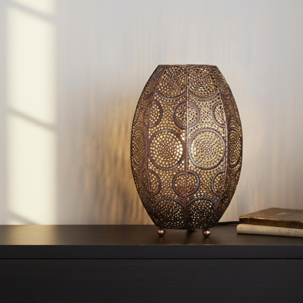 Decorative table lamp with intricate design on a wooden surface.