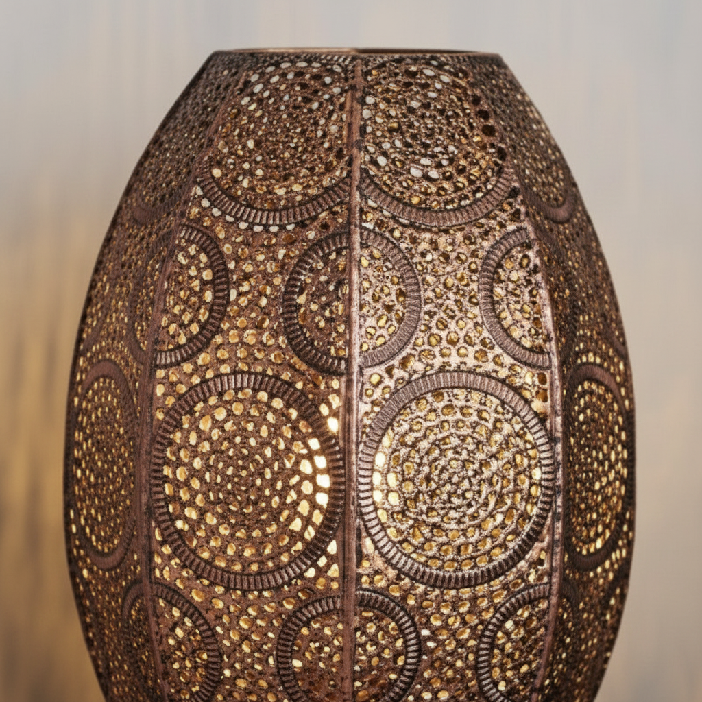 Decorative lamp with intricate circular patterns on a blurred background