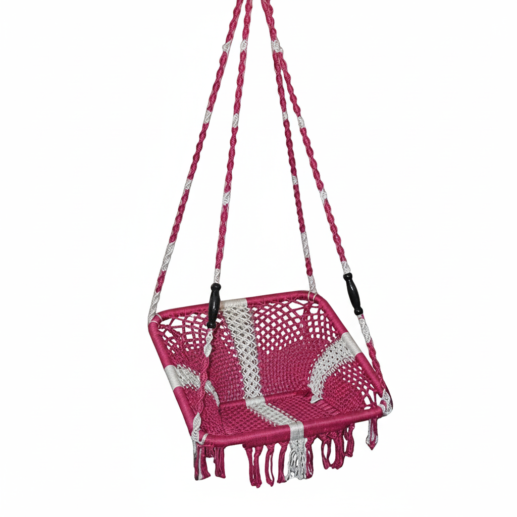 Pink and white hanging chair in a modern indoor setting with plants and a glass wall.