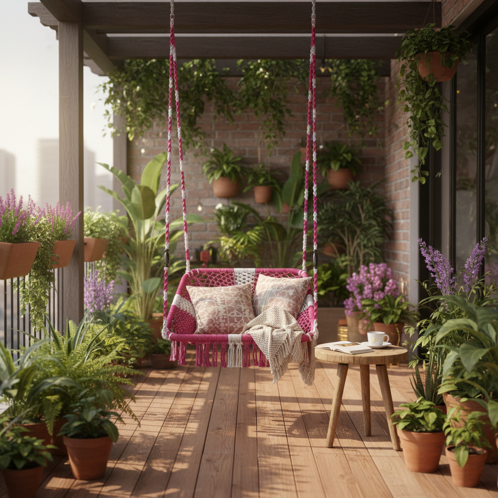 Outdoor patio with a pink swing, table, and potted plants