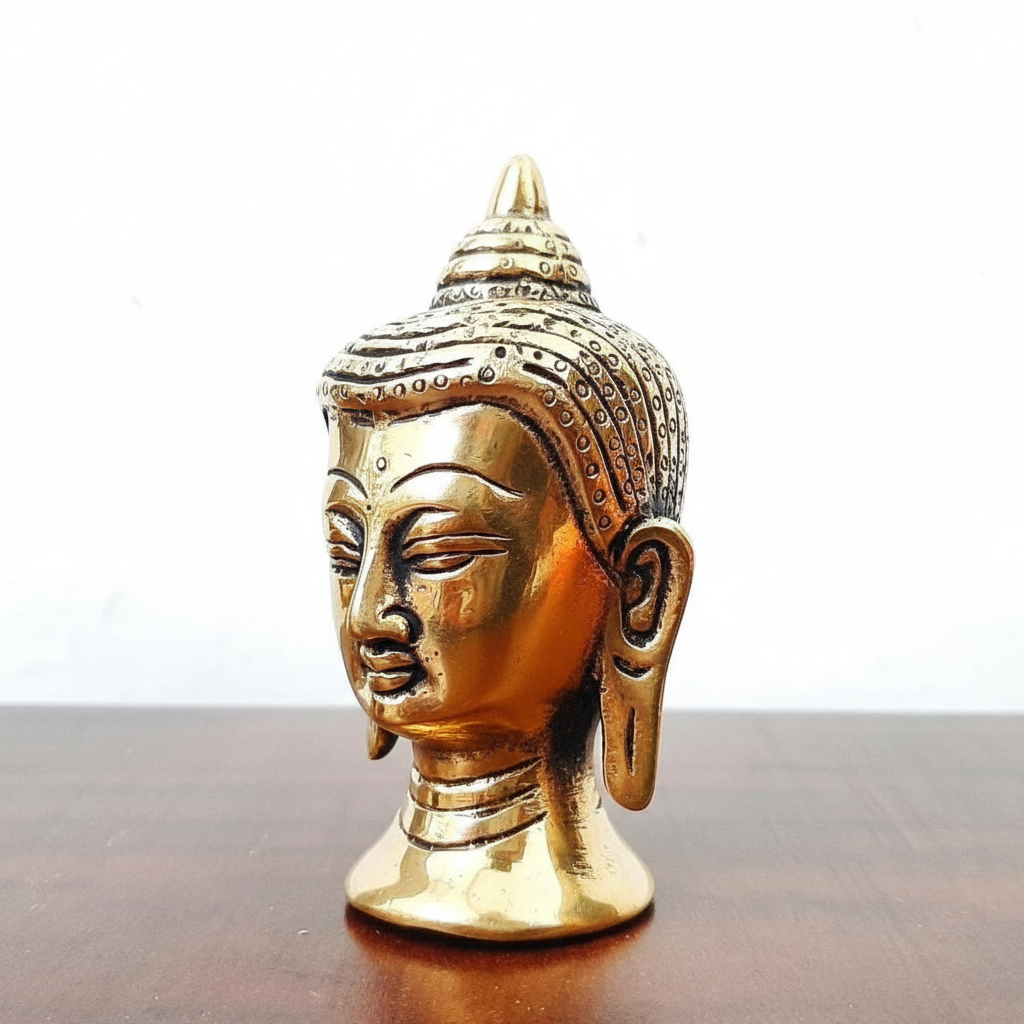 Gold Buddha head figurine on a wooden surface with a white background