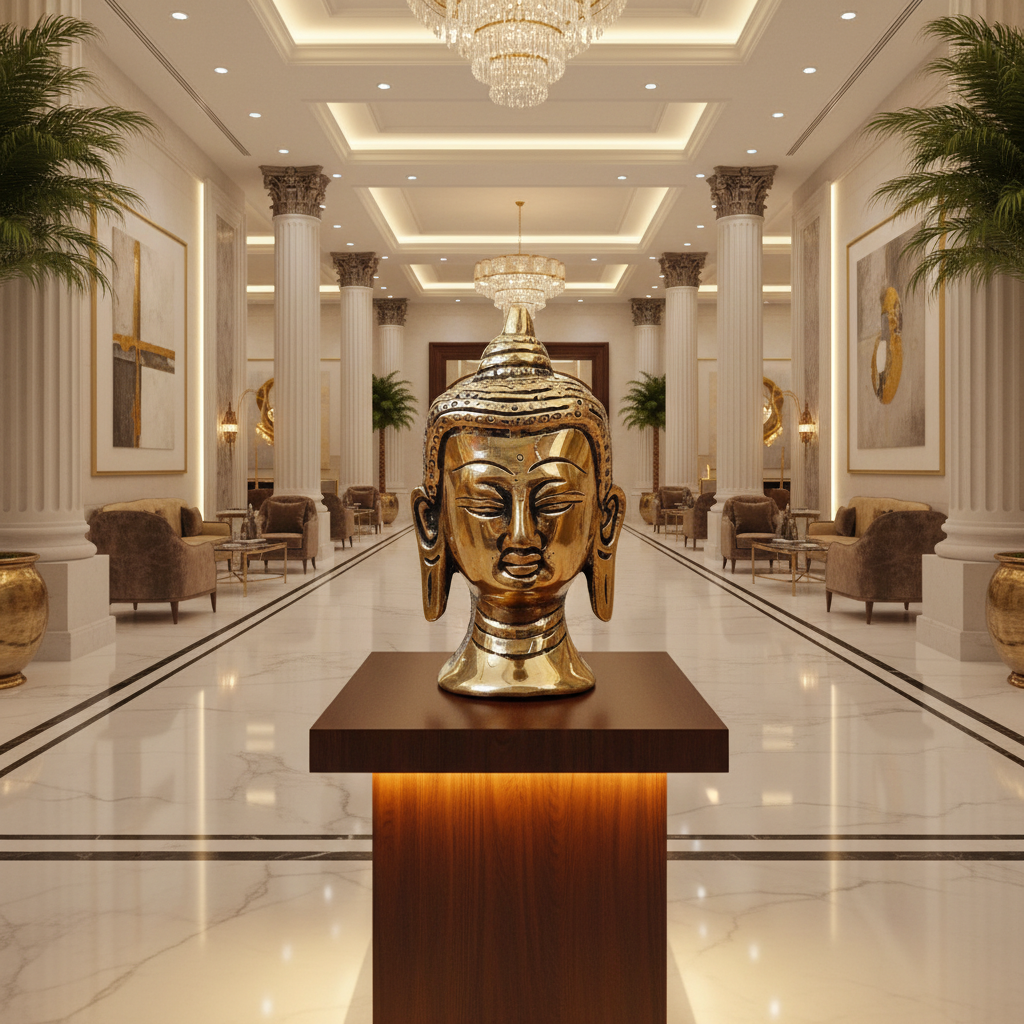 Gold head sculpture on a pedestal in a luxurious interior setting with marble floors and chandeliers.