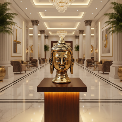 Gold head sculpture on a pedestal in a luxurious interior setting with marble floors and chandeliers.