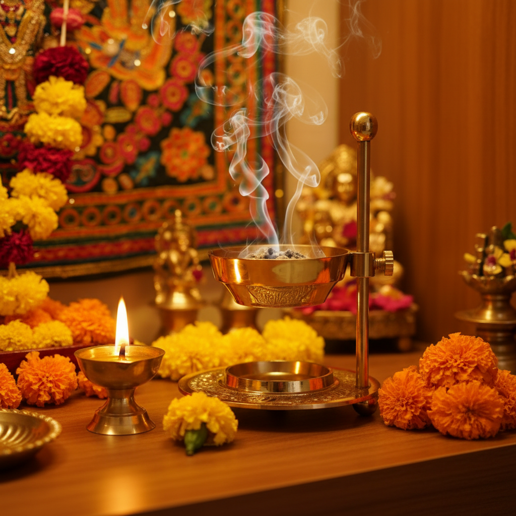 Incense burner with smoke, candles, and flowers on a wooden surface with a blurred background