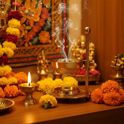 Incense burner with smoke, candles, and flowers on a wooden surface with a blurred background