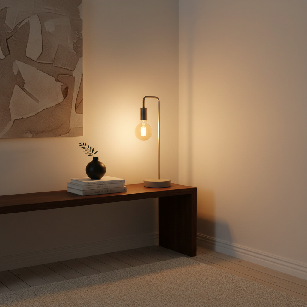 Modern interior with a wooden console table, lamp, and decorative items against a neutral wall.