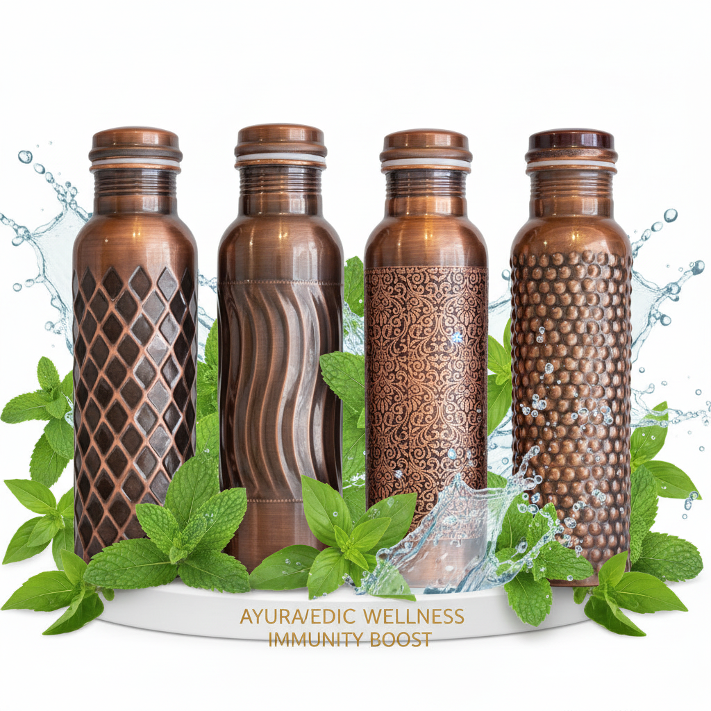 Four copper water bottles with different patterns on a white background with mint leaves and water splashes.
