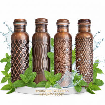 Four copper water bottles with different patterns on a white background with mint leaves and water splashes.