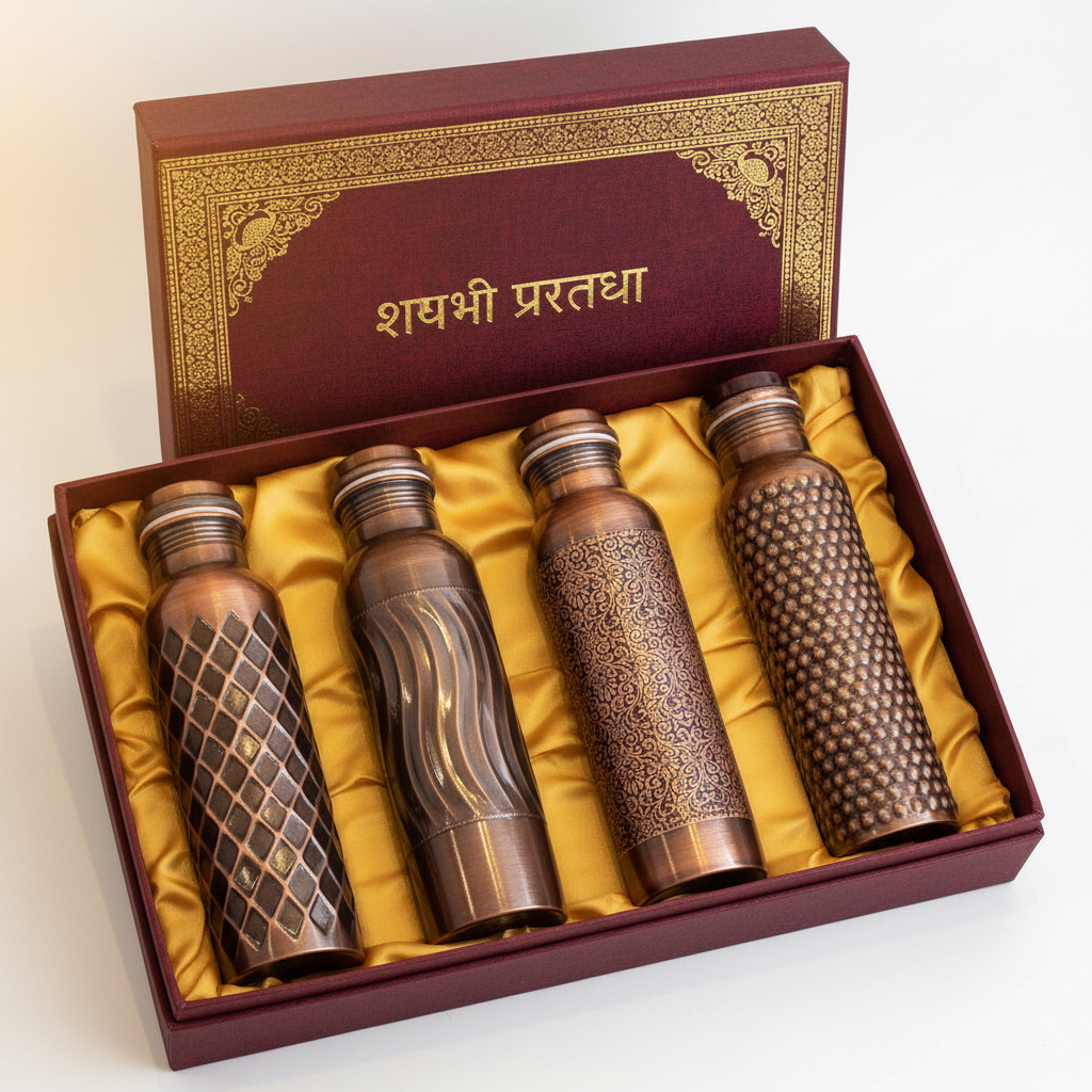 Set of four decorative bottles in a maroon box with gold interior
