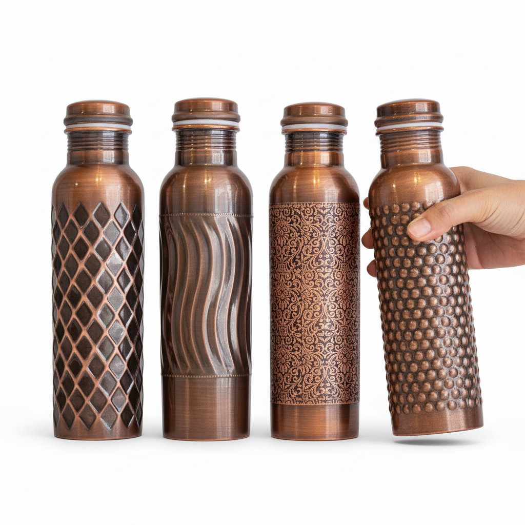 Set of four copper water bottles with different patterns, one held by a hand.