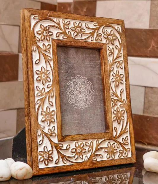 Hand-Carved Brown Mango Wood Photo Frame – 9x11 Inches