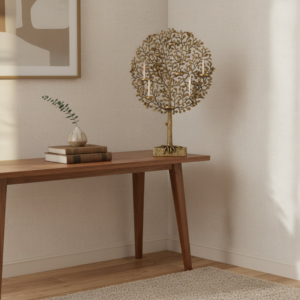 Decorative gold tree-shaped candle holder on a white background
