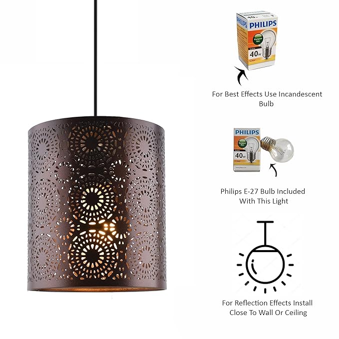 Decorative pendant light with intricate cut-out design, Philips bulb packaging, and installation instructions on a white background.