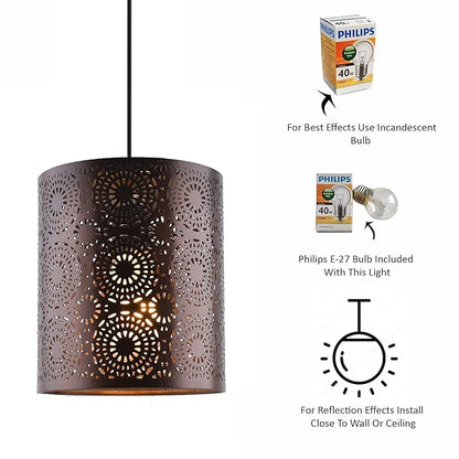 Decorative pendant light with intricate cut-out design, Philips bulb packaging, and installation instructions on a white background.