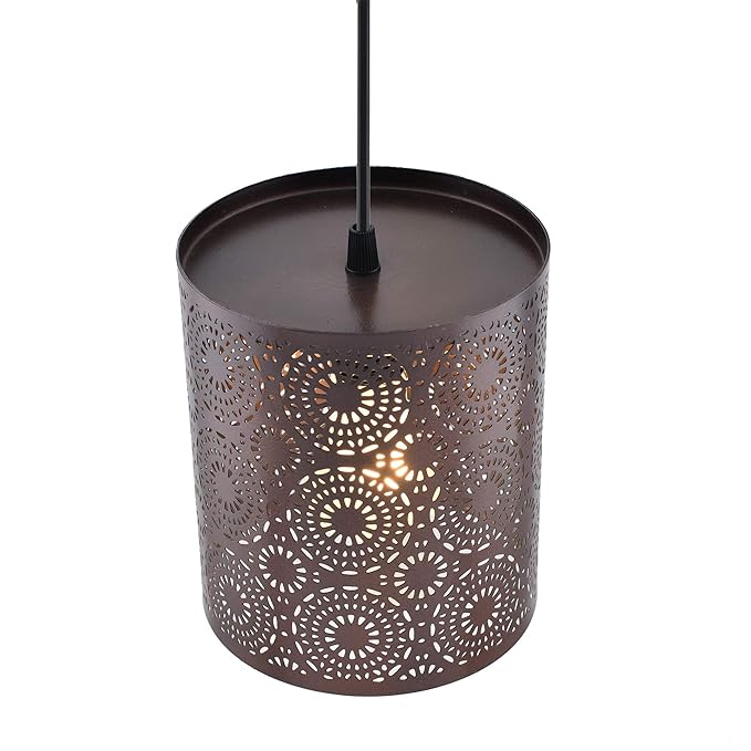 Decorative pendant light with intricate metal design on a white background