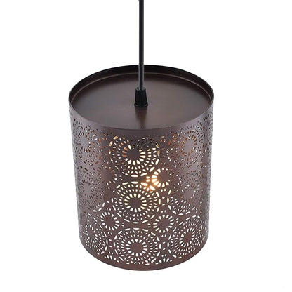 Decorative pendant light with intricate metal design on a white background