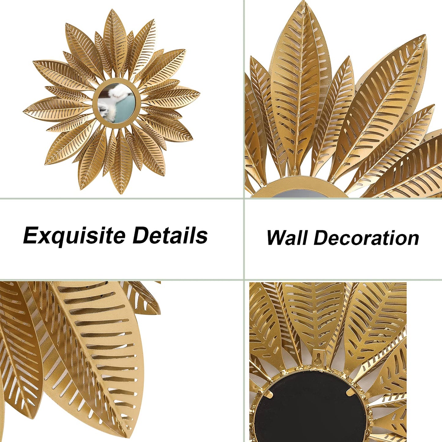 Gold leaf wall decor with mirror, labeled 'Exquisite Details' and 'Wall Decoration'.