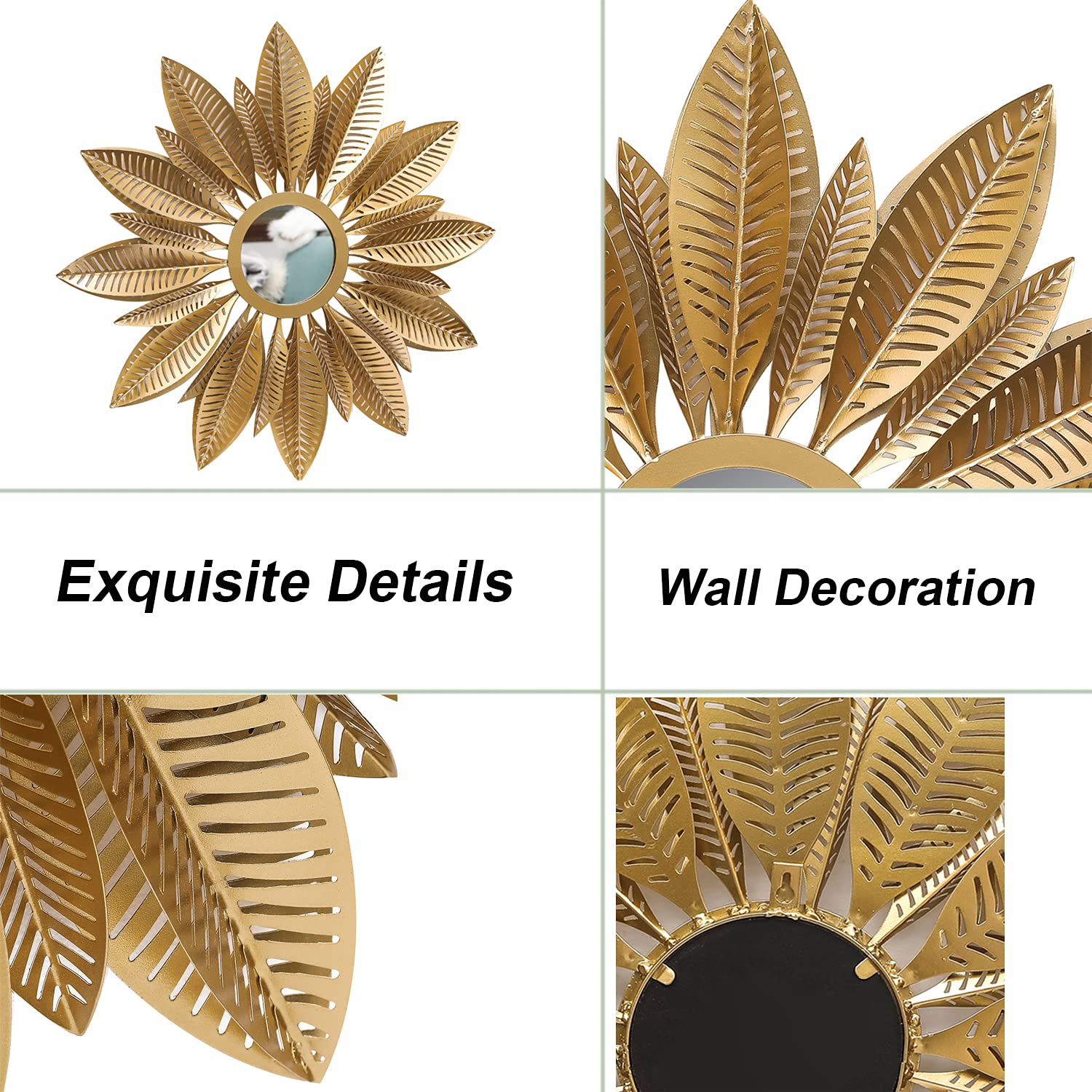 Gold leaf wall decor with mirror, labeled 'Exquisite Details' and 'Wall Decoration'.