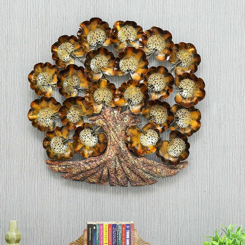 Decorative wall art with a floral design on a textured wall.