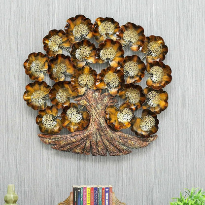 Decorative wall art with a floral design on a textured wall.