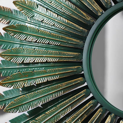 Close-up of green and gold gear teeth on a white background