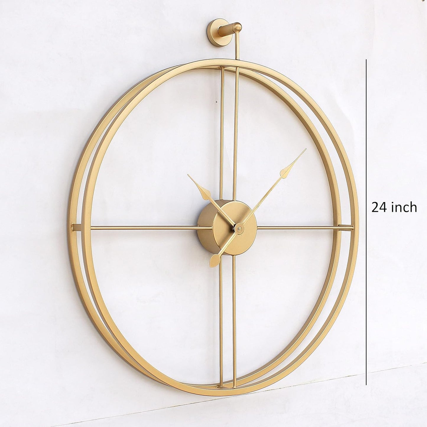 Gold wall clock with a measurement label on a white background