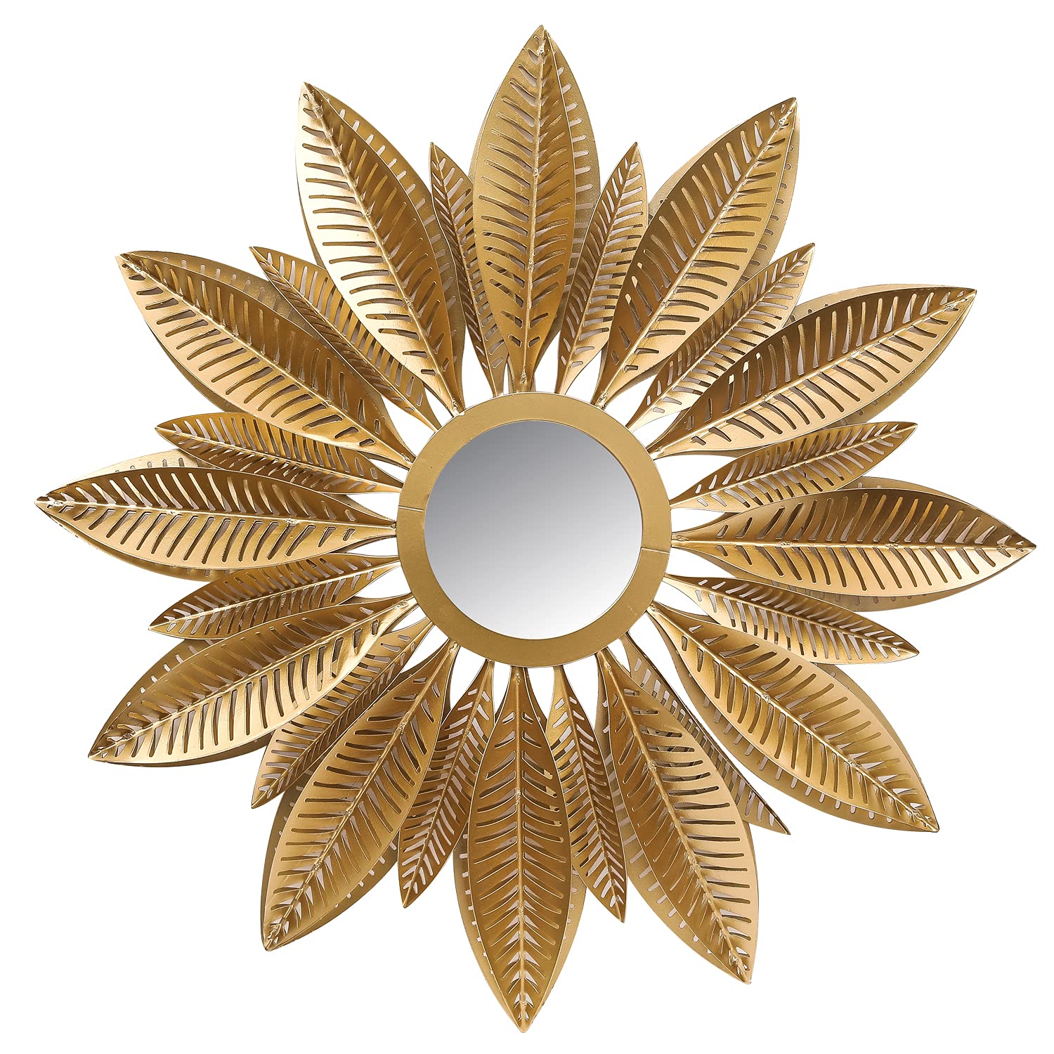 Decorative gold mirror with leaf-like patterns on a white background