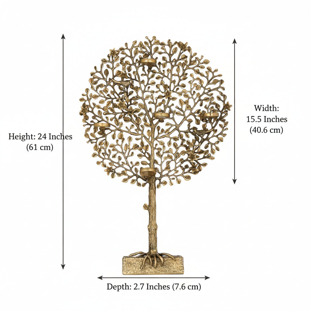 Decorative metal tree sculpture with branches and leaves on a white background