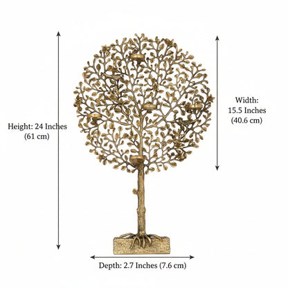 Decorative metal tree sculpture with branches and leaves on a white background