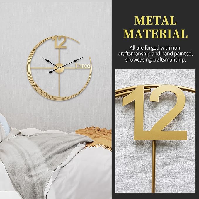 Gold metal wall clock on a neutral wall with text about metal material and craftsmanship.