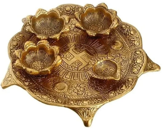 Pooja Plate with Four Diyas – Decorative Silver/Gold Polished Plate (9 Inch)