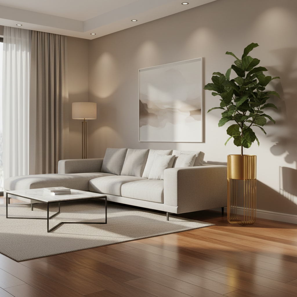 Modern living room with a white sofa, coffee table, and decorative plant.