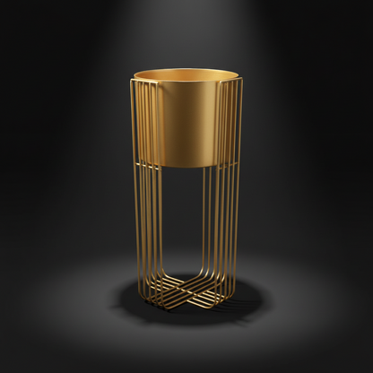 Gold metal plant stand on a dark background