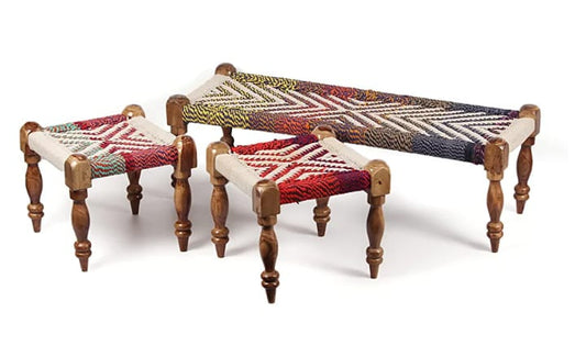 Handcrafted Wooden Rope Bench Set with 2 Stools – Multi-Colour