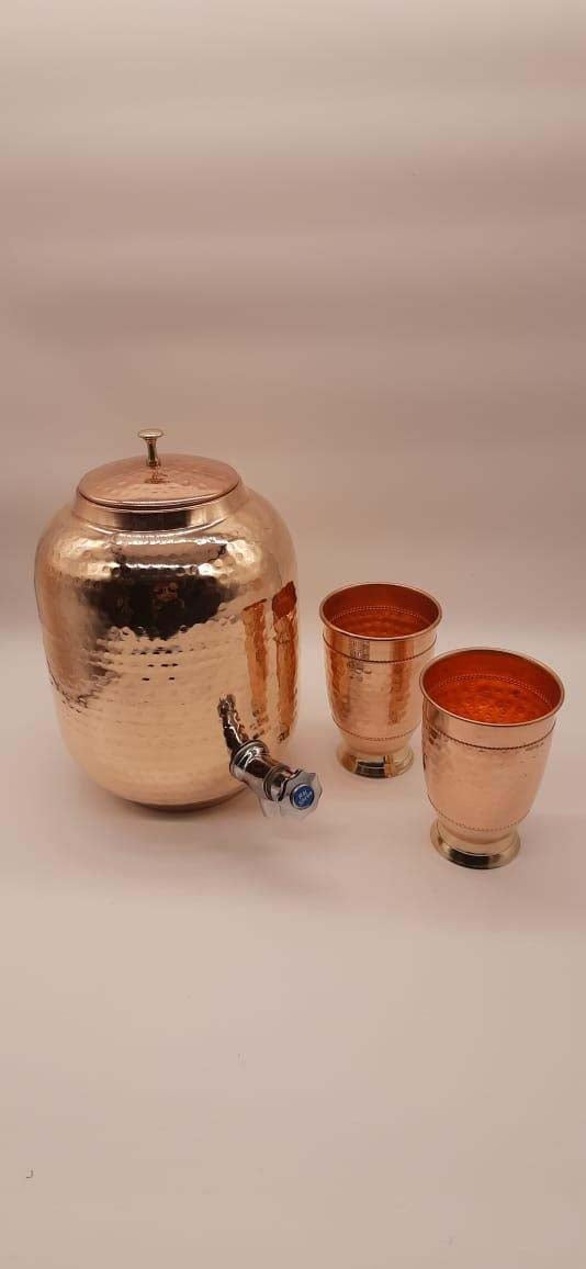 Hammered Pure Copper Water Dispenser (Matka/Pot) – 5 Litre with 2 Copper Glasses & Stand