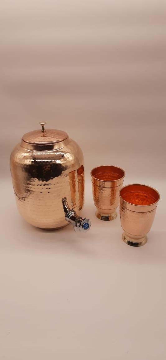Hammered Pure Copper Water Dispenser (Matka/Pot) – 5 Litre with 2 Copper Glasses & Stand