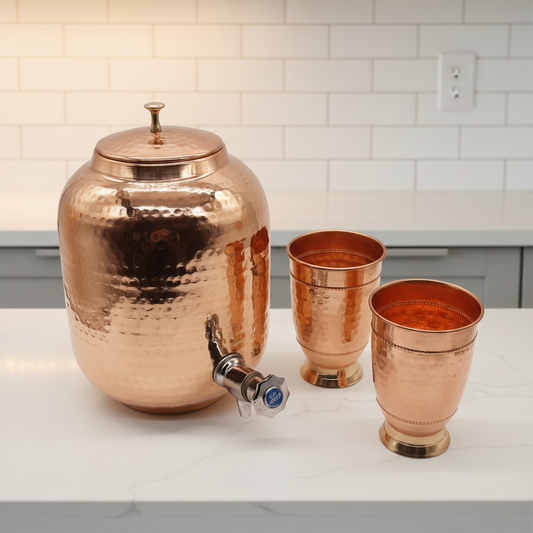 Hammered Pure Copper Water Dispenser 5 Litre & 2 Glasses