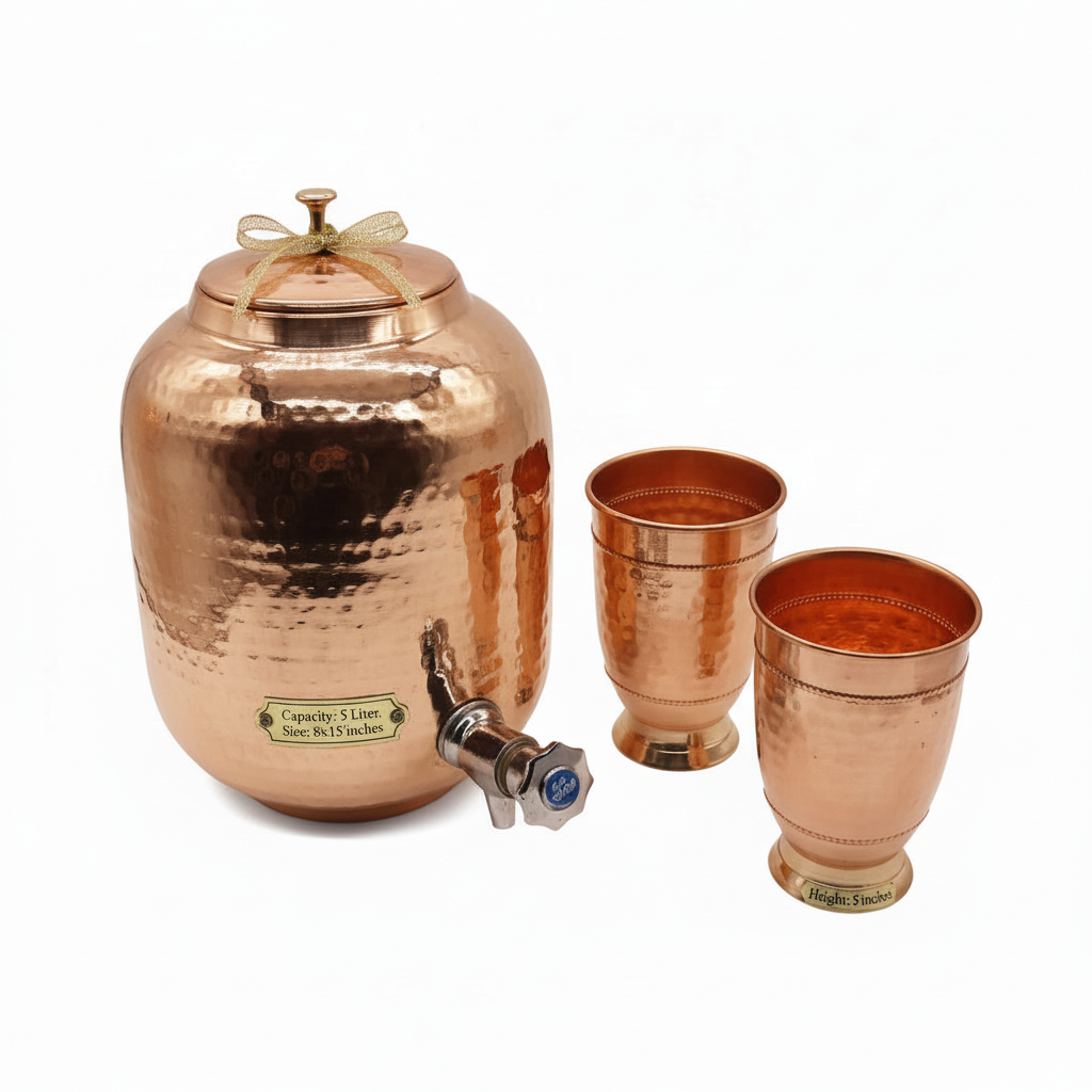 Hammered Pure Copper Water Dispenser 5 Litre & 2 Glasses