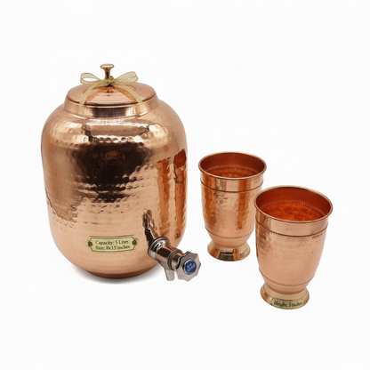 Hammered Pure Copper Water Dispenser 5 Litre & 2 Glasses