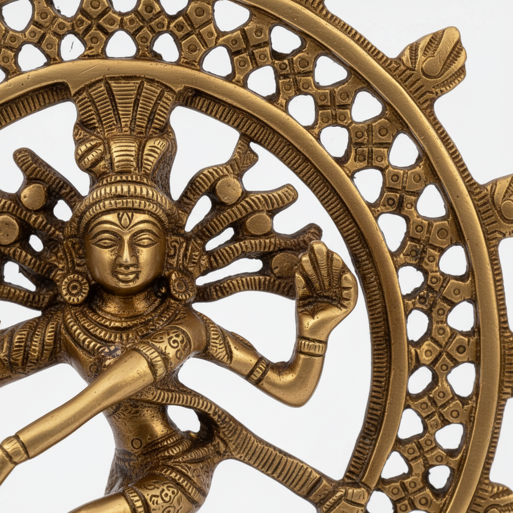 Bronze sculpture of a deity with a wheel-like structure on a white background