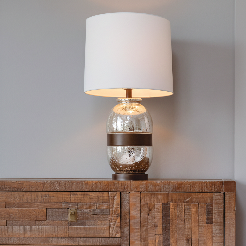 Glass & Metal Table Lamp with White Cotton Shade
