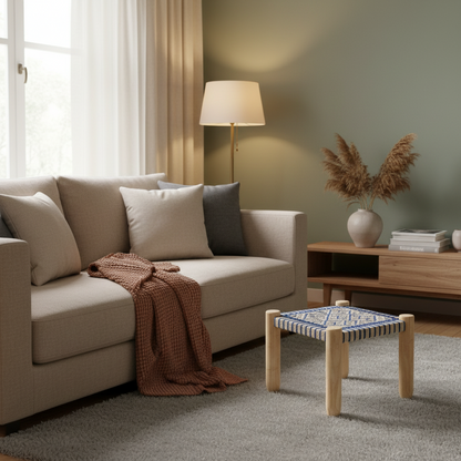 Wooden Stool 16x16 Hemp Rope Blue White