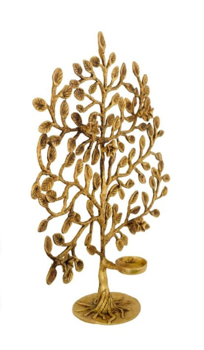 Brass Tree with Candle Stand – Decorative Brass Leaf Hanging (12 × 10 × 5 Inch, 2.5 KG)