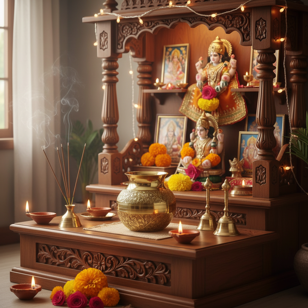 Decorative altar with religious statues, flowers, and lights in a home setting.