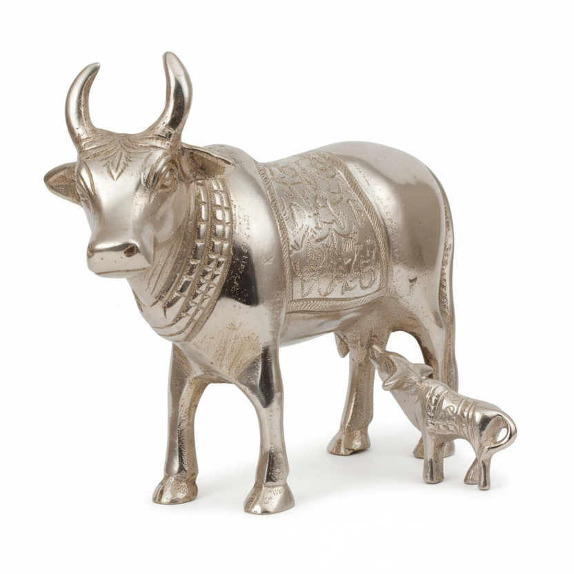 Silver bull figurine on a white background