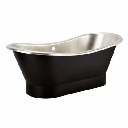 Black freestanding bathtub with metallic interior on a white background