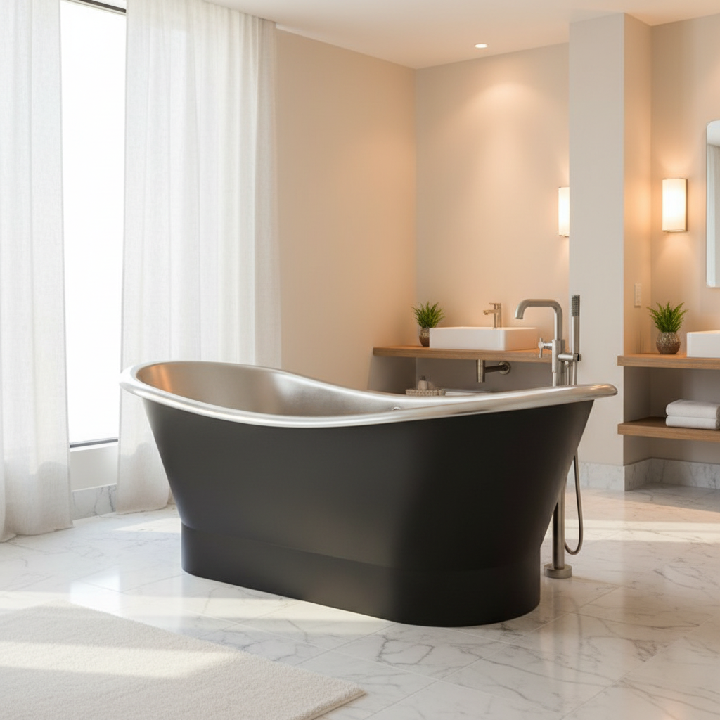 Modern bathroom with a freestanding black bathtub