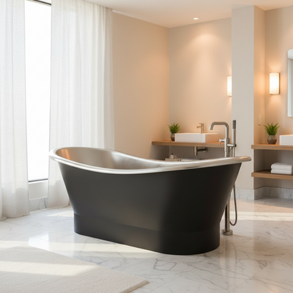 Modern bathroom with a freestanding black bathtub